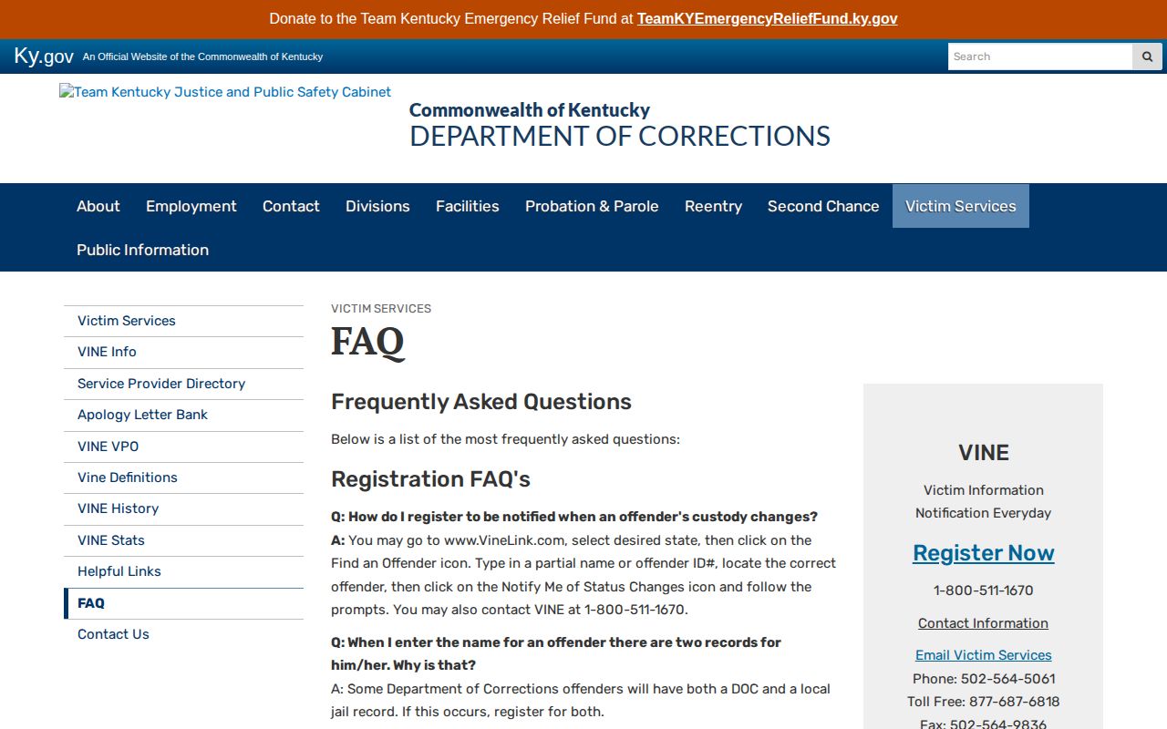 Kentucky Department of Corrections VINE search and registration FAQ